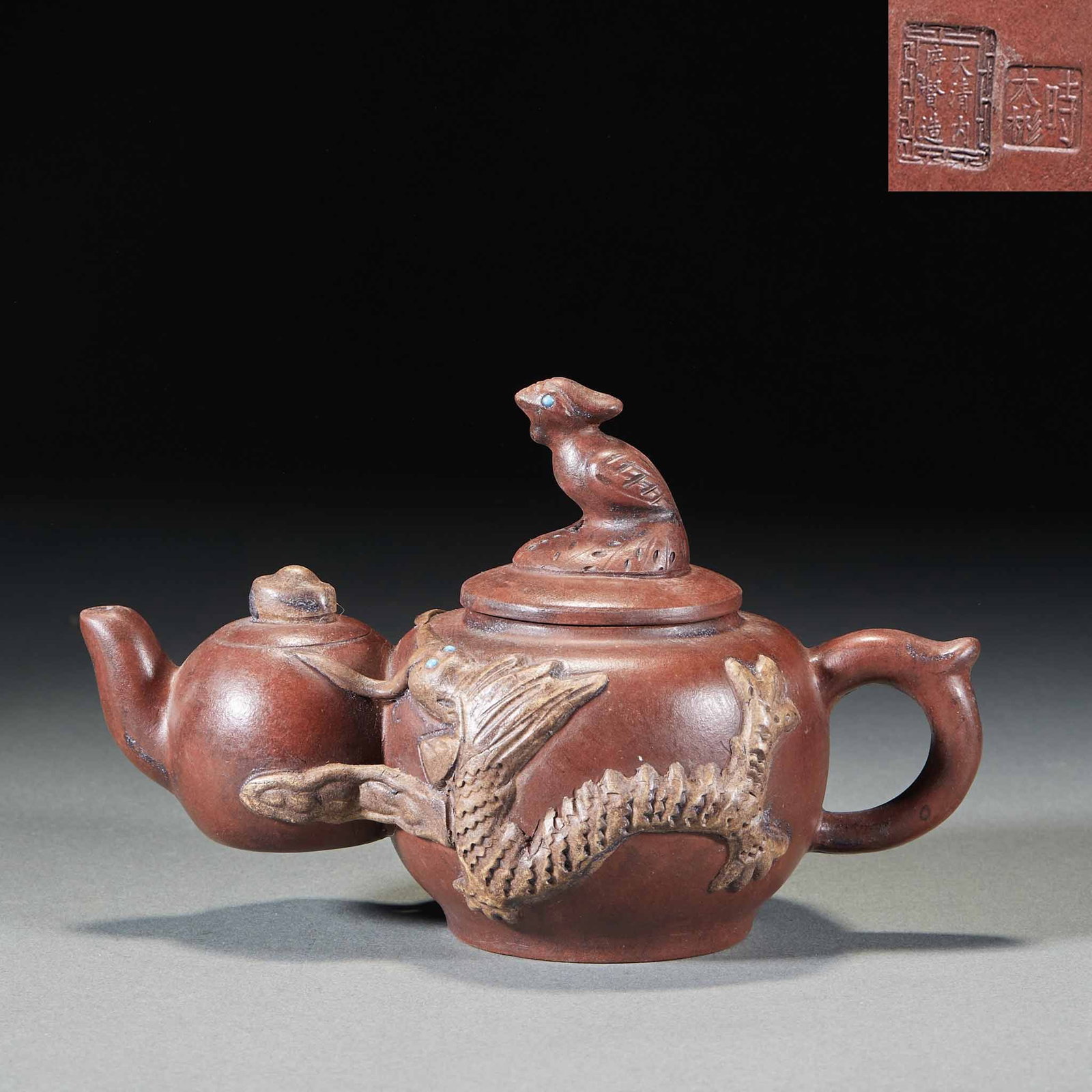Qing Shi Dabin Beast-Knop Dragon-Design Joined Zisha Teapot: A zisha flower vessel with the marks 'Shi Bin' and 'Supervised by the Qing Imperial Household Department'. The body is modelled in high relief with dragons, and a joined small pot has a phoenix knop;