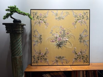 Republic Yellow-Ground Floral Embroidery: On gold-powdered silk, executed in fine brushwork colour with four-season flowers in a full, balanced composition ?? wisteria, orchids and chrysanthemums framing the flowers ?? in a refined and sumptu
