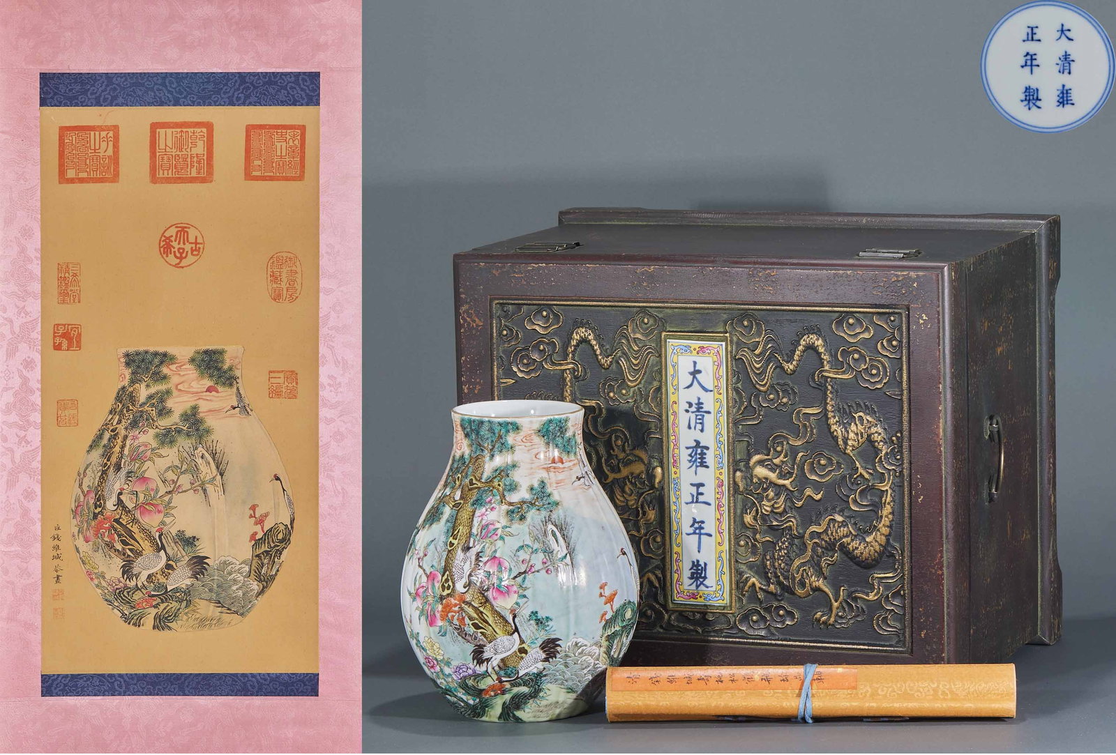 Qing Yongzheng Famille-Rose Pine-Crane Melon-Ribbed Zun: A famille-rose melon-ribbed zun painted with pines, cranes, peaches and lingzhi, densely worked; the base bears the mark 'Made in the Yongzheng reign of the Great Qing'. Supplied with an original