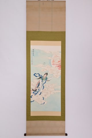 Zhu Meicun 'Chang'e Flying to the Moon', Paper Hanging Scroll: Paper polychrome figure painting in original brocade mounting: Chang'e stands on auspicious clouds with flying sash, a distant moon behind the clouds; left carries inscription and seals ?? a fine