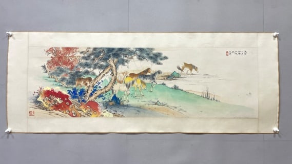 Hu Yefo 'Eight Steeds', Paper in Frame: Hu Yefo's Eight Steeds, on paper in a frame: eight horses in varied poses ?? standing, walking, galloping ?? manes flying and spirited. Executed in fine-brush colour with vigorous lines and accurate