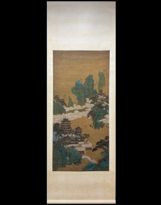 Qiu Ying 'Immortal Mountains and Pavilions' on Silk, Hanging Scroll: Qiu Ying's Immortal Mountains and Pavilions on silk: rich blue-green immortal mountains with pavilions hidden among clouds and figures as accents. Rocks outlined and filled, sumptuous colours, fine