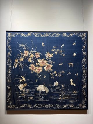 Qing Guangdong Embroidery 'Herons, one after another into Office': A Qing Guangdong (Yue) embroidery of white egrets standing in a lotus pond; egret and lotus pun on 'consecutive success in examinations'. Dense Yue stitches, bold colours, fine work ?? a famous