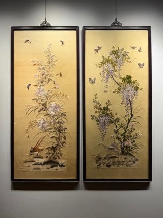 Republic Embroidery 'Herons to Office, Brocade Flowers': Republic embroidery of egrets in a lotus pond, punning on 'consecutive success', set with a 'adding flowers to brocade' pattern, symbolising a smooth official career and a splendid future. Fine stitch