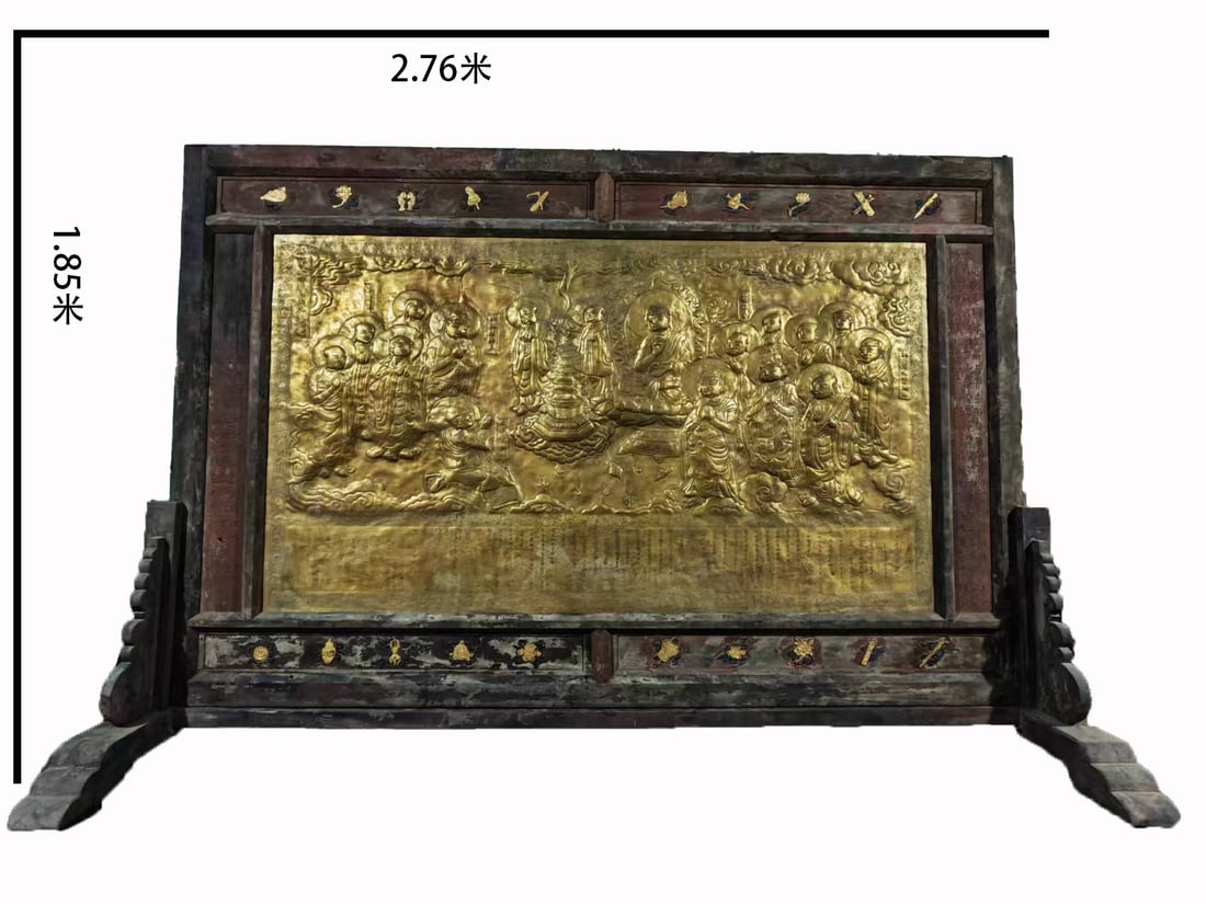 Gilt Copper Large Table Screen, Buddha Preaching: A large gilt-copper table screen depicting the Buddha preaching: the Buddha sits in lotus position surrounded by disciples and bodhisattvas, solemn images. Bright gilding and intricate work ?? a
