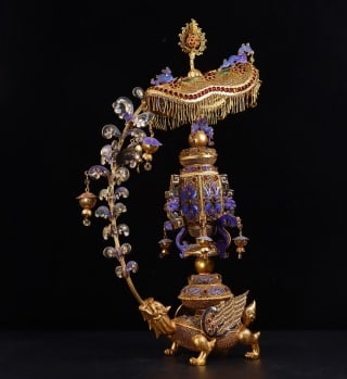 Gilded Filigree Turquoise-Enamelled Dragon-Turtle Carrying a Treasure-Canopy Incense Burner: A filigree turquoise-enamelled incense burner in which a dragon-turtle carries a pagoda-treasure-canopy, elaborate in form. The enamelling is brilliant and the gilding bright ?? a fine Qing