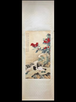 Yu Fei'an 'Yunnan Camellia and Pigeon', Paper Hanging Scroll: Yu Fei'an's camellia-and-pigeon on paper: camellia and pigeons in fine-brush heavy colour, outlined and filled, bright ?? a representative work by the modern fine-brush flower-and-bird painter Yu