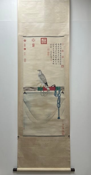 Giuseppe Castiglione (Lang Shining) Eagle Hanging Scroll, on Paper: Castiglione's eagle on paper: painted in a Sino-Western fusion with an eagle perched on a branch or rock, fine feathers and a fierce air ?? an animal painting by the Qing court painter Castiglione. L