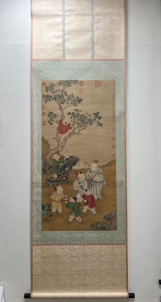You Qiu 'Children at Play' Scroll: You Qiu's children-at-play scroll: boys at play in groups of three or five, playing or flying kites, innocent. Fine brushwork and muted colour ?? a figure painting by the Ming painter You Qiu. L 119