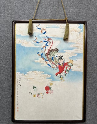 Zheng Mukang 'Celestial Maiden Scattering Flowers', Paper Old Frame: Zheng Mukang's celestial maiden scattering flowers on paper in an old frame: the maiden holds a flower basket, streamers flying, graceful. A lady painting by the modern painter Zheng Mukang, in an