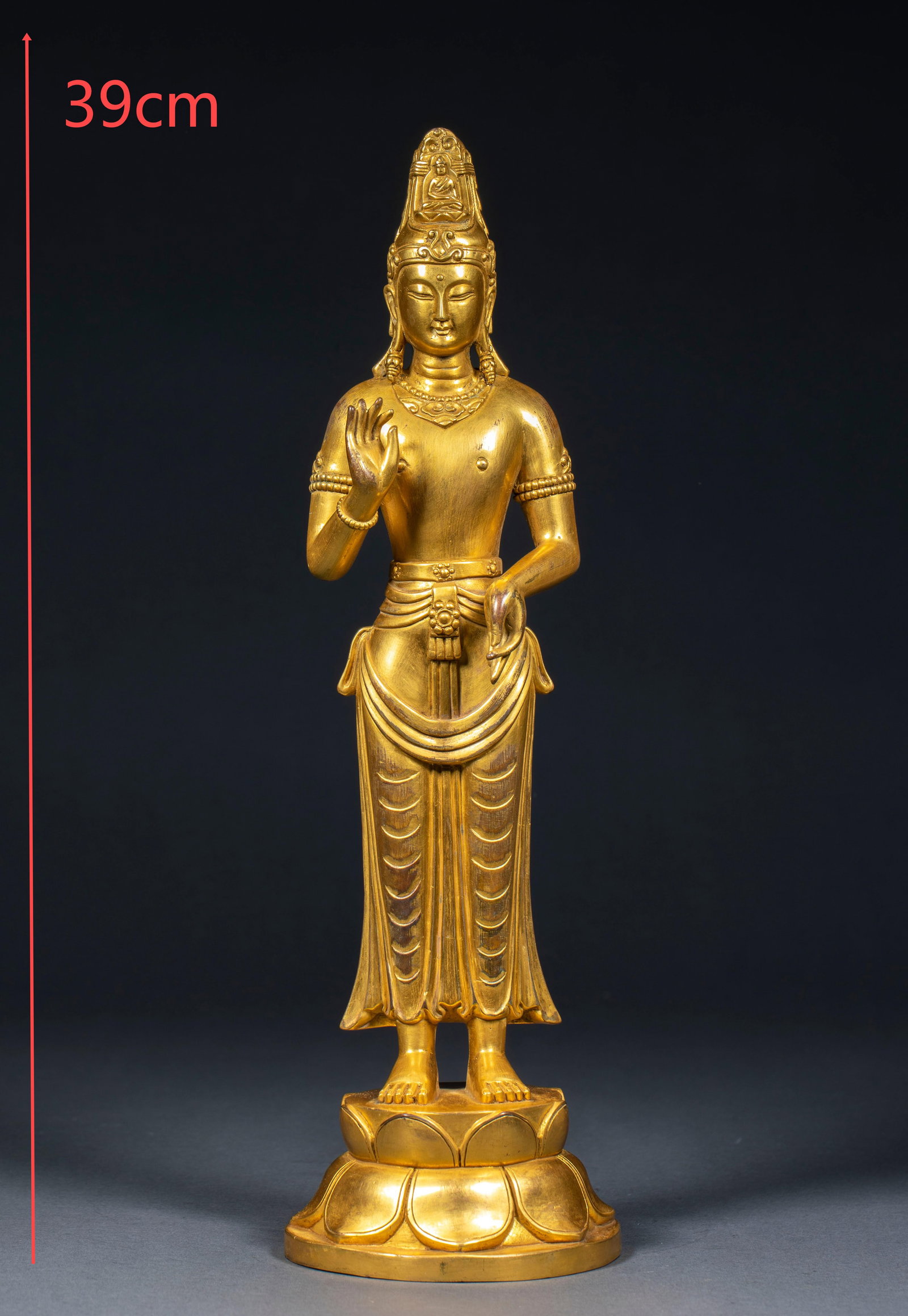Gilded Acarya Dali Buddha: An Acarya Dali Buddha, seated in lotus position, slender and dignified of face ?? in the style of the Acarya Guanyin or Buddha of the Dali kingdom of Yunnan. Gilded throughout, unique and regional in