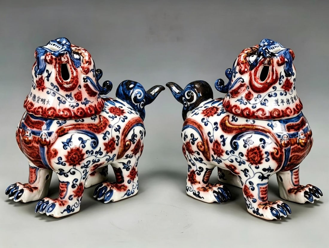 Pair of Xuande-Marked Underglaze-Blue Copper-Red Auspicious-Beast Incense Burners, Wangtianhou: A pair of Xuande-marked underglaze-blue copper-red auspicious-beast (wangtianhou) incense burners: the beasts squat and look skyward, painted with blue-and-red decoration, the base bearing the mark