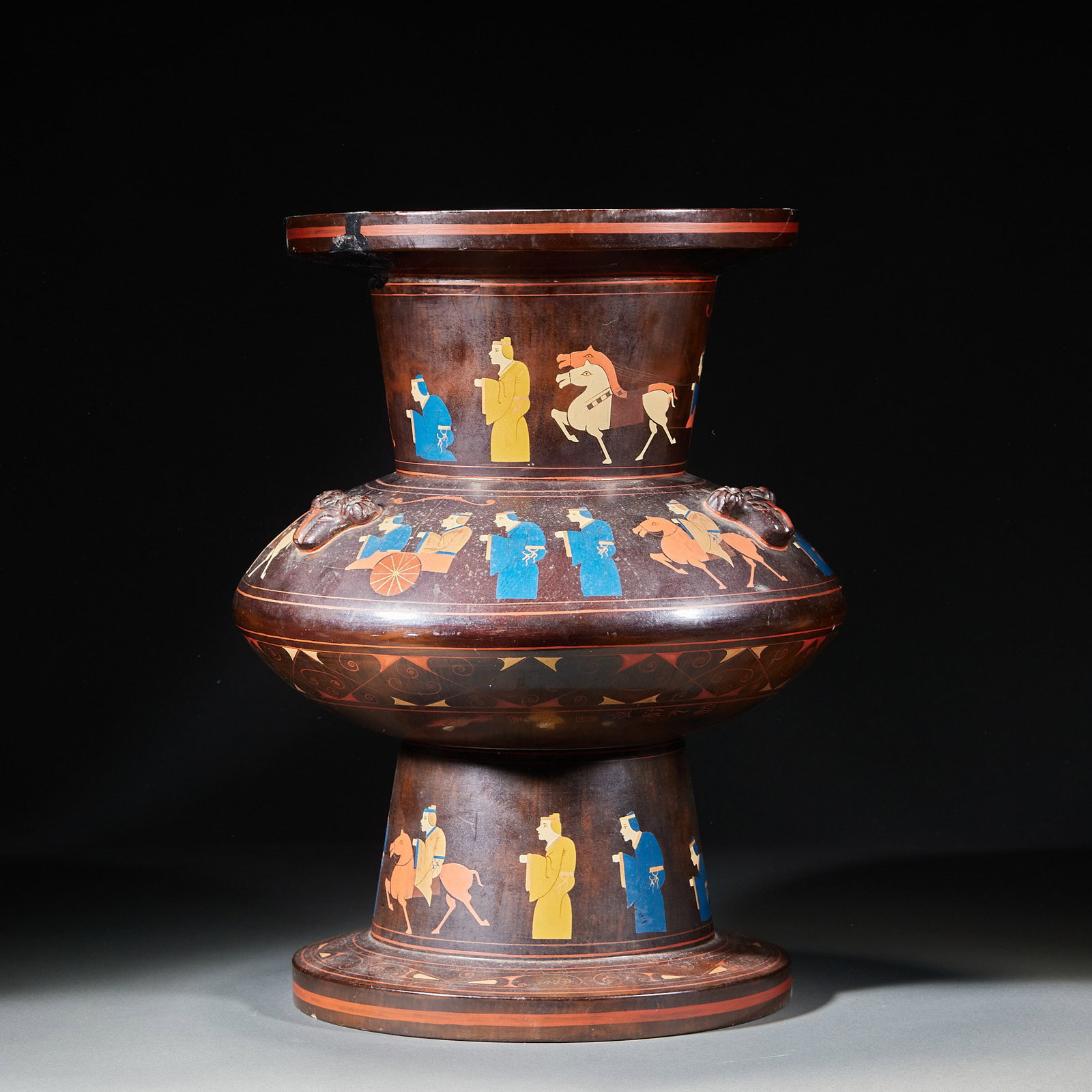 Lacquer Figure Display Vase: A lacquer display vase: the body is lacquered and painted with lively figures. Warm lacquer colour and fine work ?? a display vase. H 41 cm, Diameter 31 cm.