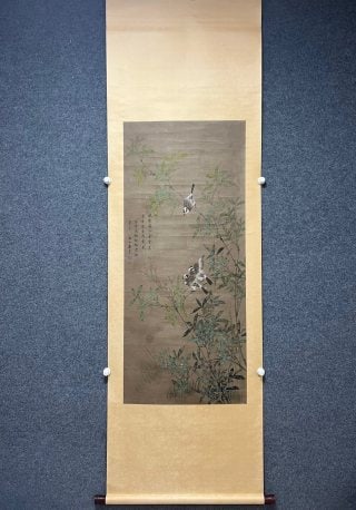 Yun Shouping 'Bamboo Reporting Peace' on Paper: Yun Shouping's bamboo-reporting-peace on paper: several bamboos with sparse leaves, symbolising peace. Painted in boneless (mogu) style with muted colour ?? a flower-and-bird painting by the Qing