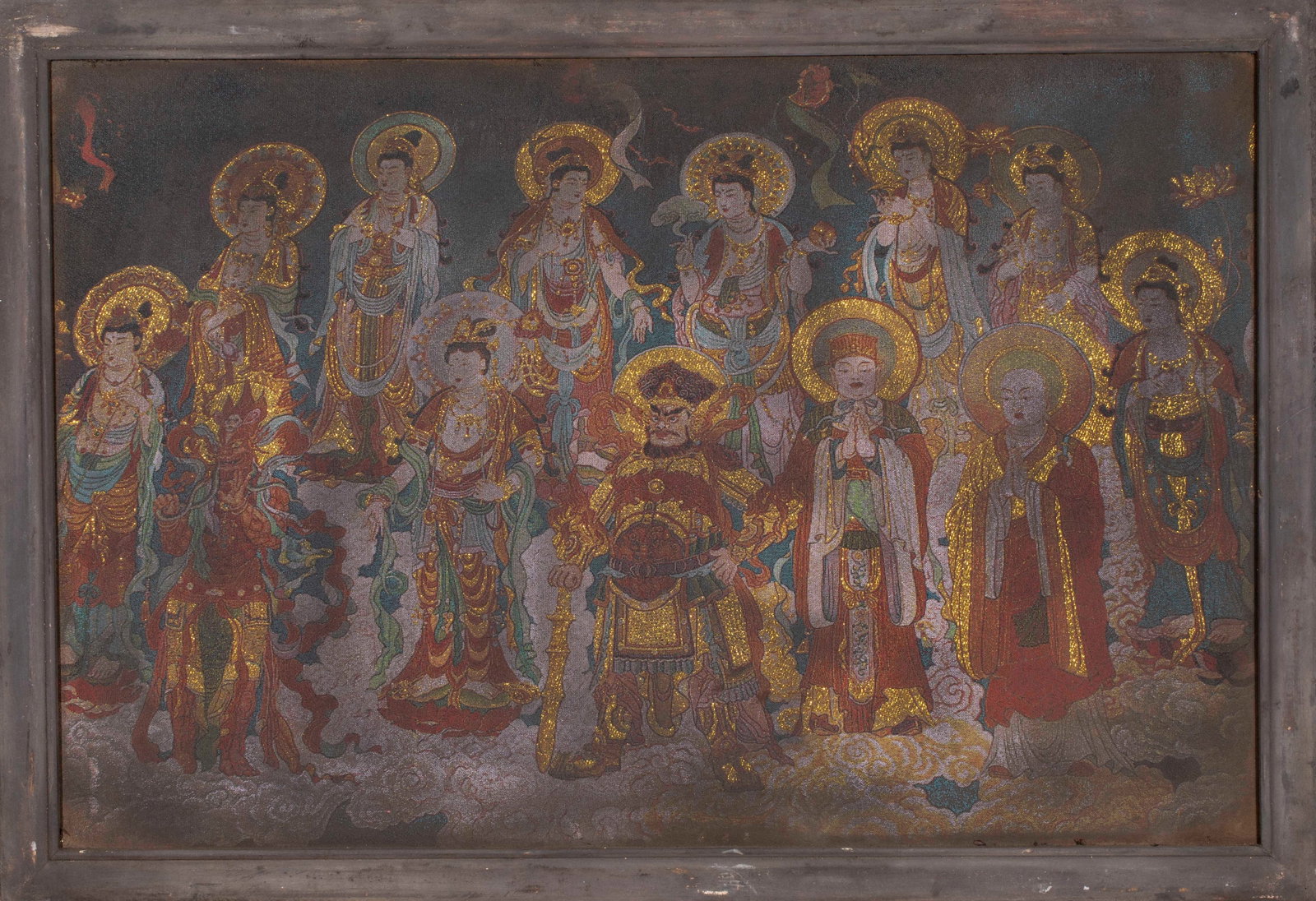 Pre-Ming Cypress Kesi 'All Buddhas' Thangka Hanging Panel: A cypress-framed kesi thangka woven with a host of Buddhas, solemn images, fine kesi. A pre-Ming Buddhist display hanging panel. L 95.5 cm, W 66.5 cm.