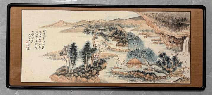 Zhang Daqian Landscape on Paper, Returned Old Frame: Zhang Daqian's landscape on paper: free and spirited brushwork, muted colour. In an old frame, a returned old collection ?? of artistic and collecting value. L 108 cm, W 46 cm.