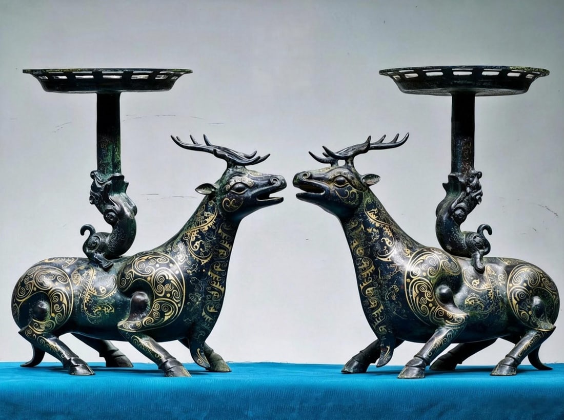 Pair of Inlaid-Gold-and-Silver Deer-Top Lamps: A pair of inlaid gold-and-silver deer-top lamps: the pillars are topped with deer forms, the inlay bright. The pans hold lamps over bases, preserved as a pair ?? Han-style inlaid lamps. H 60 cm, L 58