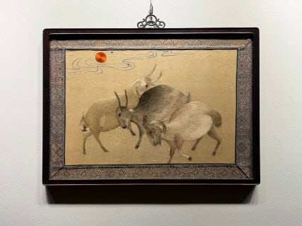 Late-Qing Republic Sichuan-Embroidery 'Three Rams Opening Fortune': Late-Qing Republic Sichuan (Shu) embroidery of three rams, punning on 'three yang opening fortune', symbolising winter giving way to spring and good fortune. Fine Shu stitches and bright colours ?? a