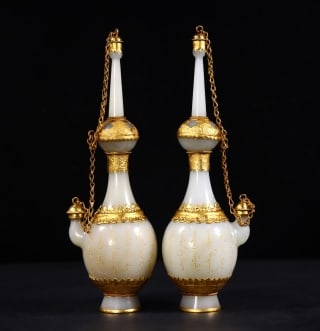 Pair of Hetian Jade Gold-Wrapped Inscribed Bumpa Vases (1 of 8)