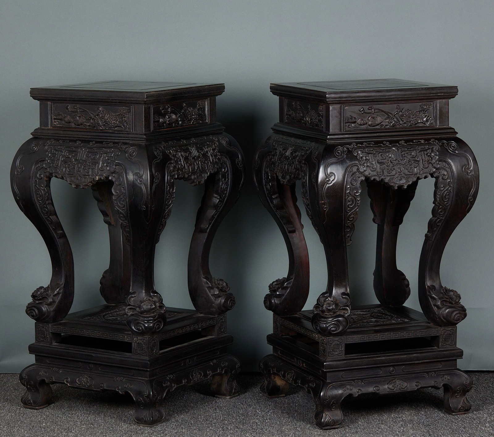 Pair of Snow-Sandalwood Bonsai Stands: A pair of snow-sandalwood bonsai stands, simply carved, solid wood. Preserved as a pair for holding bonsai ?? both practical and display. H 100 cm, L 52 cm, W 51 cm.