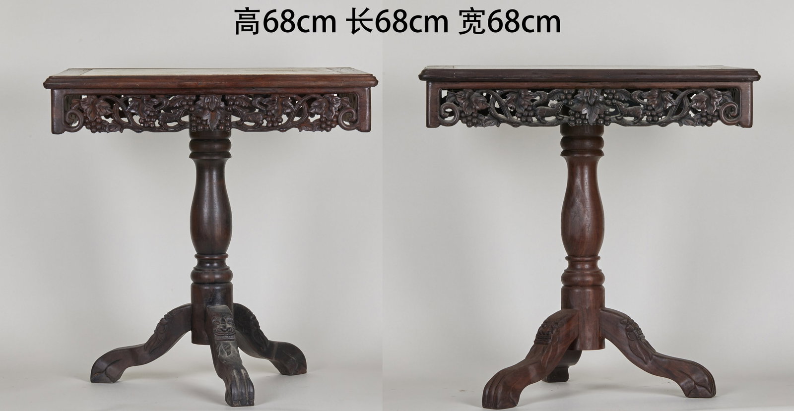 Pair of Wooden Flower Stands: A pair of hardwood flower stands with flat tops and upright legs, simply carved. Solid wood, preserved as a pair for displaying flowers and bonsai. H 77 cm, L 53 cm.