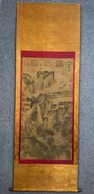 Wang Xizhi 'Meeting Friends' on Silk: A silk polychrome painting of literati meeting, writing or conversing ?? the joy of a gathering. In the archaic style of Jin literati-gathering subjects. L 135 cm, W 68 cm.
