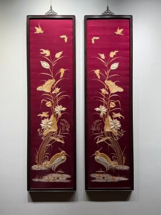 Pair of Republic Embroidery 'One Road to Office': A pair of Republic embroideries of egrets and lotus, punning on 'consecutive success in examinations', symbolising repeated examination success. Fine stitches, preserved as a pair ?? embroideries