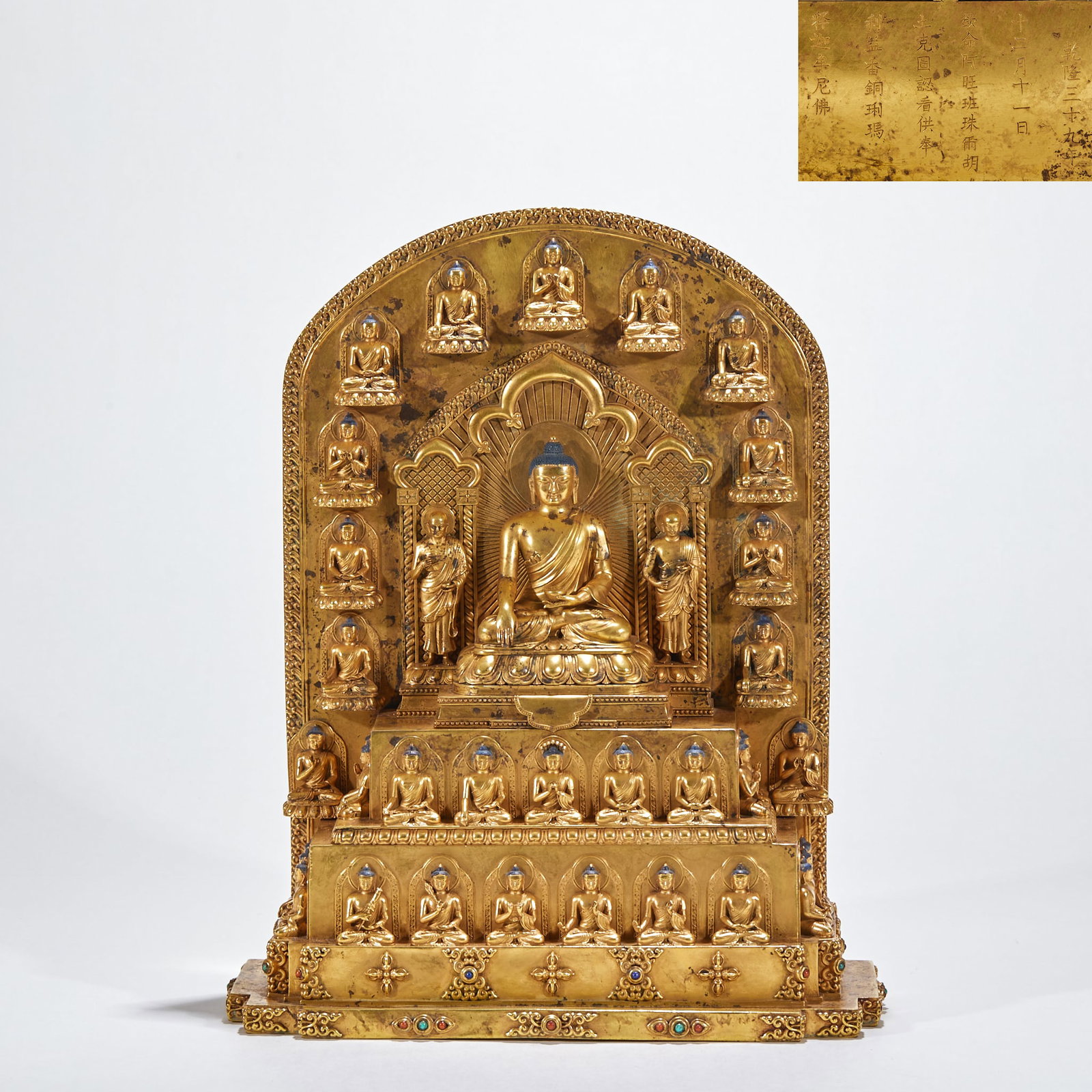 Qianlong Gilt Copper Sakyamuni Buddha: A Qianlong gilt-copper Sakyamuni seated in lotus position on a lotus throne, making the earth-touching or dhyana mudra, solemn face. Gilded throughout with fine craft ?? a Qing court-style image. H