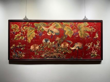 Qing Sichuan-Embroidery 'Pine and Crane Extending Years': Qing Sichuan (Shu) embroidery of a pine and cranes, symbolising long life extended. Fine Shu stitches and bright colours ?? a famous regional Qing embroidery. L 166 cm, W 72 cm.