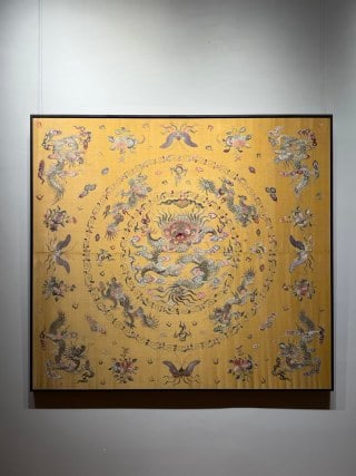 Qing Imperial-Yellow Embroidery 'Nine Dragons, Nine-Five Supreme': A Qing imperial-yellow embroidery on a yellow ground of nine dragons, symbolising the Nine-Five supreme. Couched-gold, brilliant ?? imperial or court embroidery, extremely precious. L 136 cm, W 124