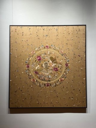 Republic Champagne-Coloured Guangdong-Embroidery 'Herons to Office': A Republic champagne-coloured Guangdong (Yue) embroidery of egrets and lotus, punning on 'consecutive success', symbolising repeated examination success. Dense Yue stitches and elegant colours. L 137