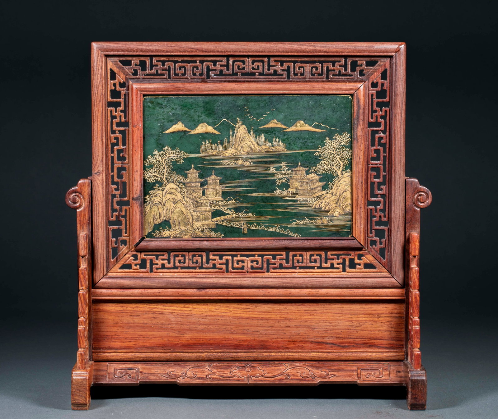 Huanghuali Inlaid Spinach-Jade 'Scenery of Shu' Table Screen (1 of 10)