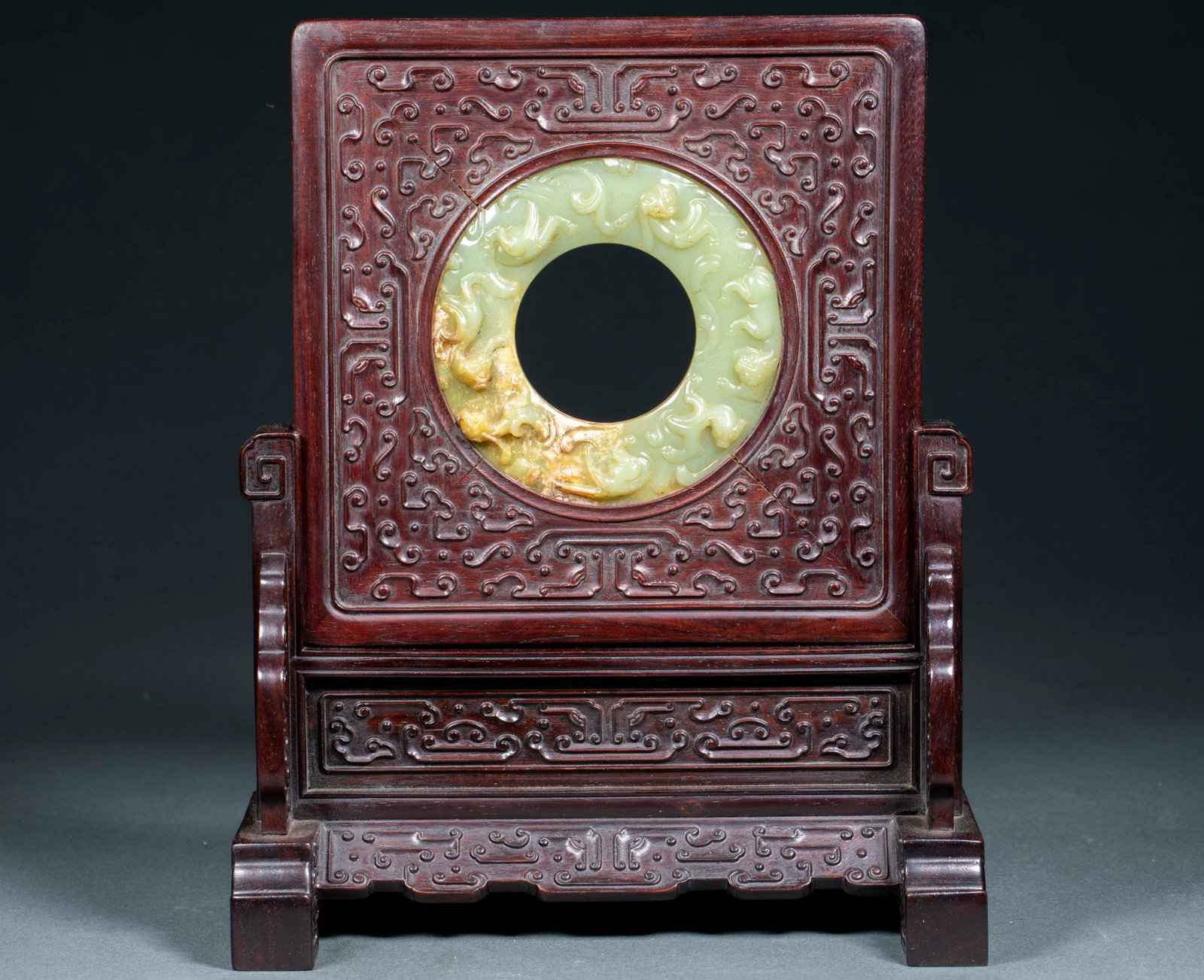 Zitan Inlaid Hetian Jade Chi-Dragon Table Screen (1 of 7)