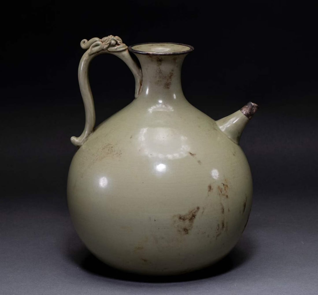 Celadon Ewer with Coiled-Dragon Handle and Silver-Rimmed Mouth: Celadon Ewer with Coiled-Dragon Handle and Silver-Rimmed Mouth