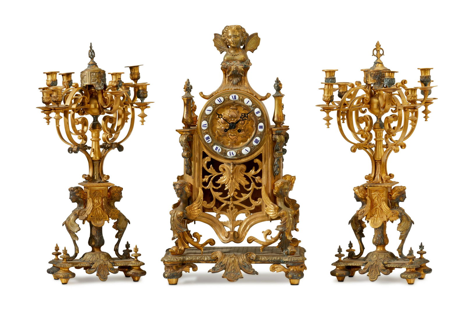 A French Neoclassical-style gilt-bronze clock set (1 of 10)