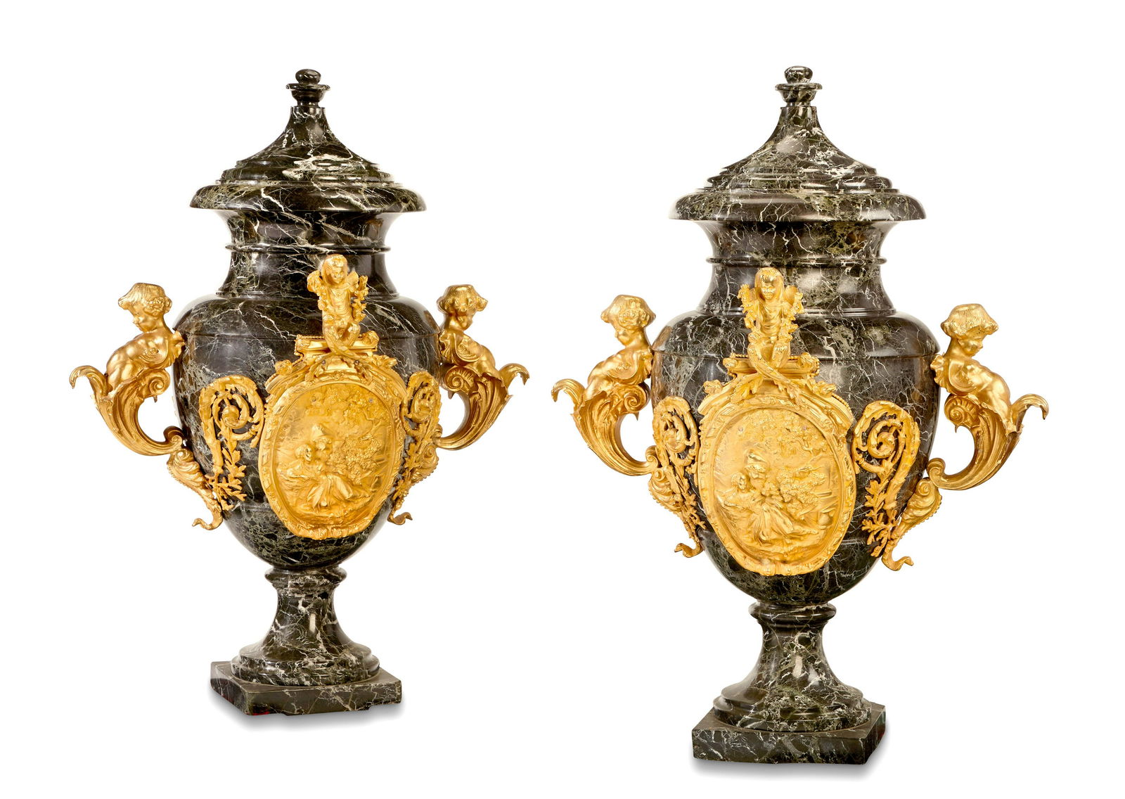 A pair of black marble gilt-bronze floor urns (1 of 7)