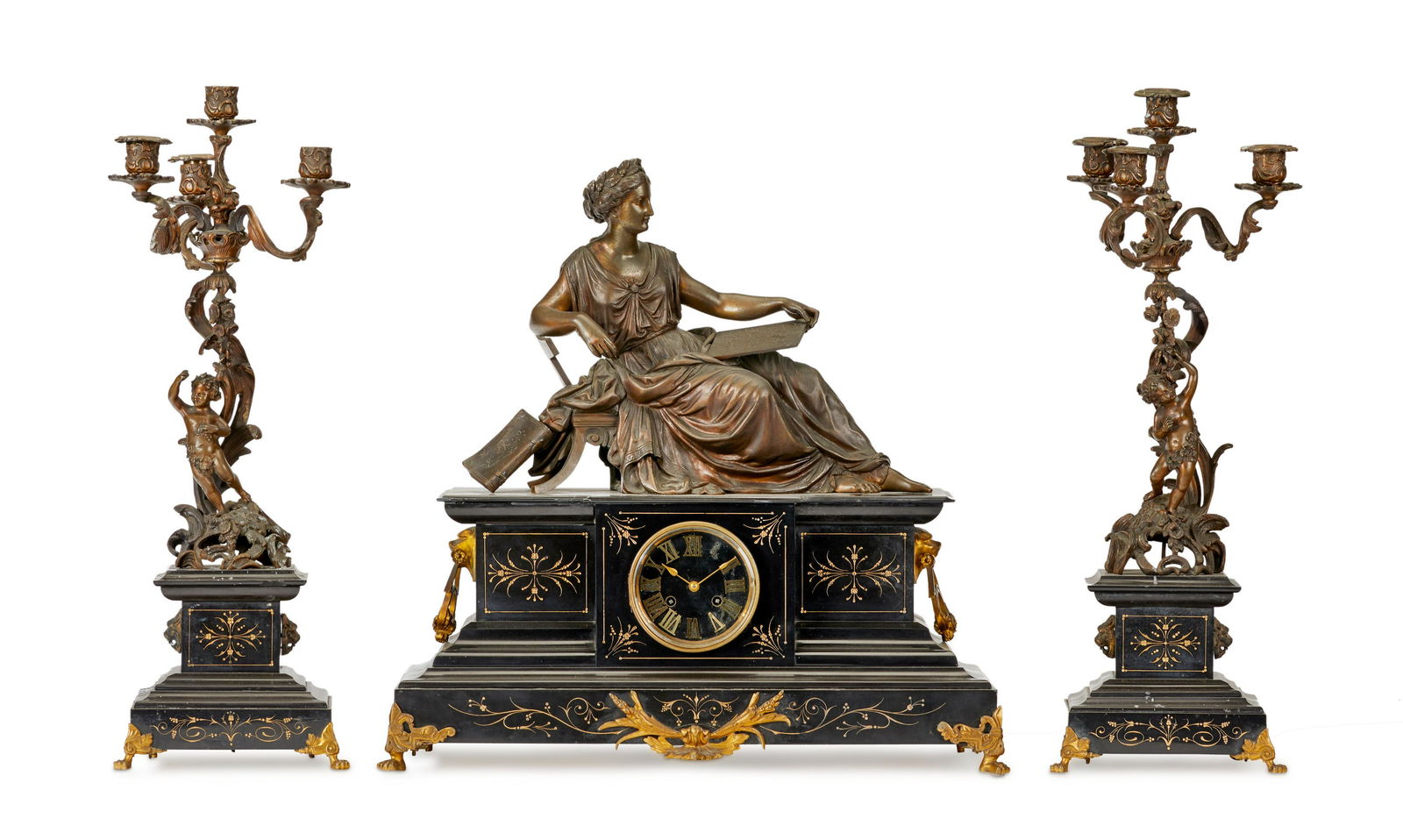 A Victorian-style mantel clock and garniture set (1 of 5)