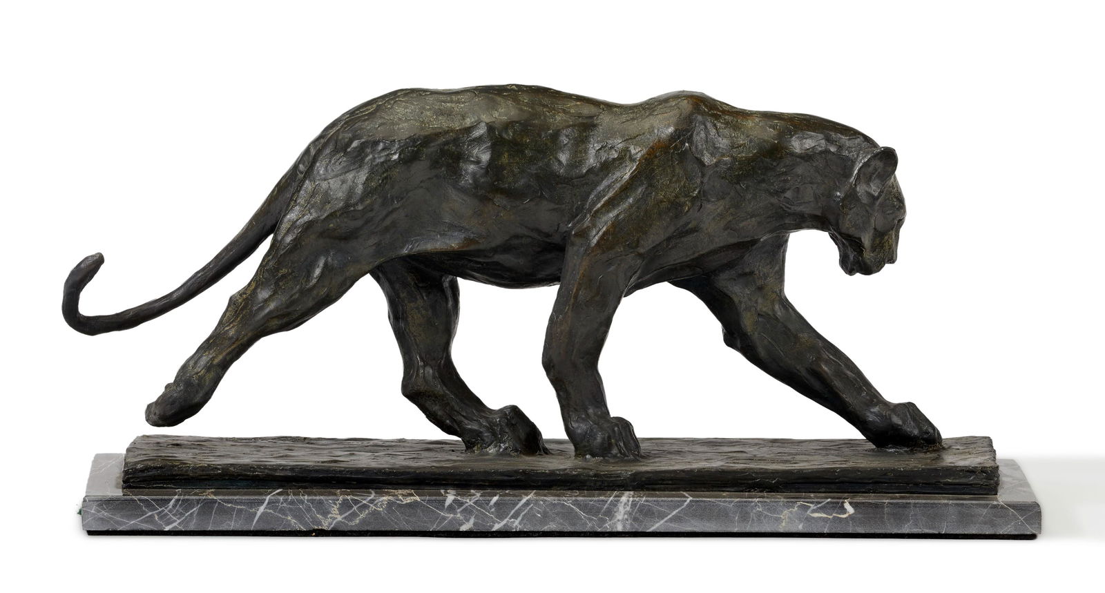 After Rembrandt Bugatti ( (1885-1916): After Rembrandt BugattiItalian, (1885-1916)PantherPatinated bronzeEdition 10/100; signed: R. Bugatti; engraved with COA with additional impressed cipherA bronze sculpture of a panther8.75" H x 21