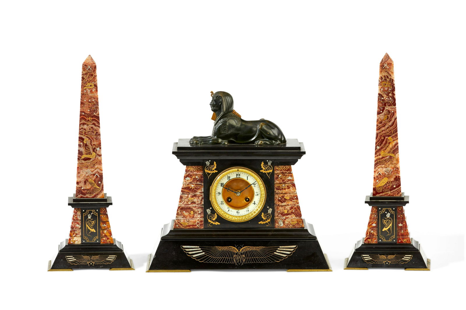 An Egyptian Revival mantel clock and garniture set (1 of 7)