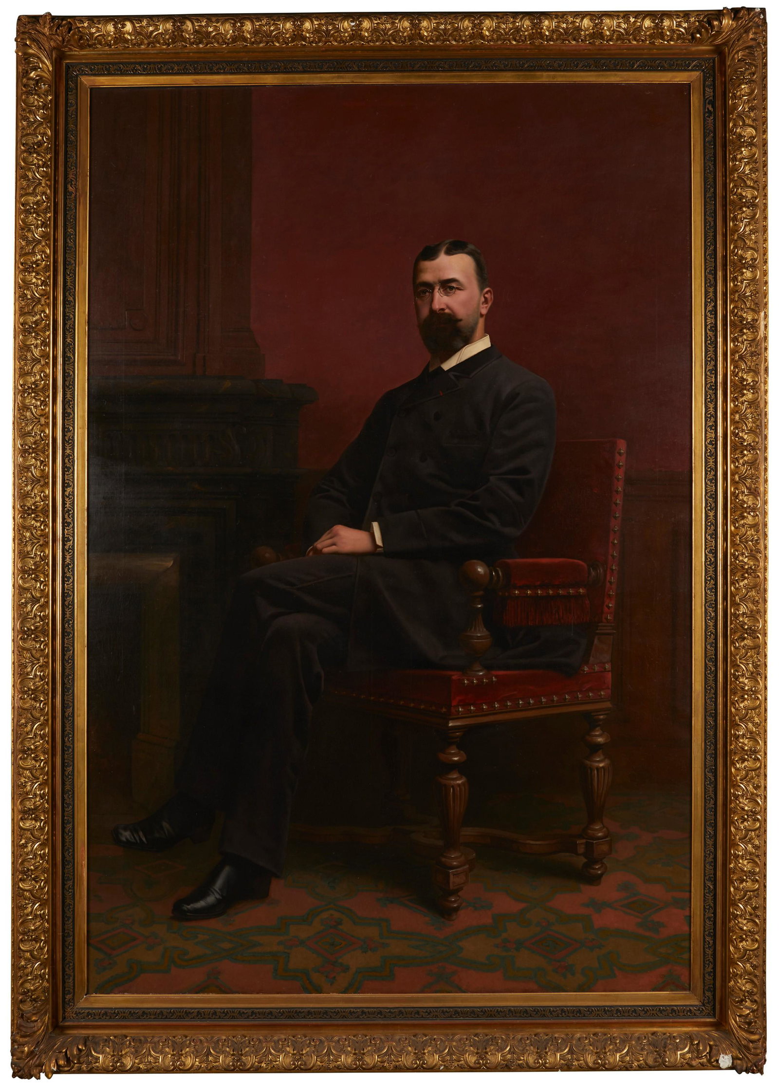 A Framed American School Portrait of a Gentleman: A Framed American School Portrait of a Gentleman 19th century Unsigned oil on canvas in period giltwood/gesso frame 78" H x 52" W