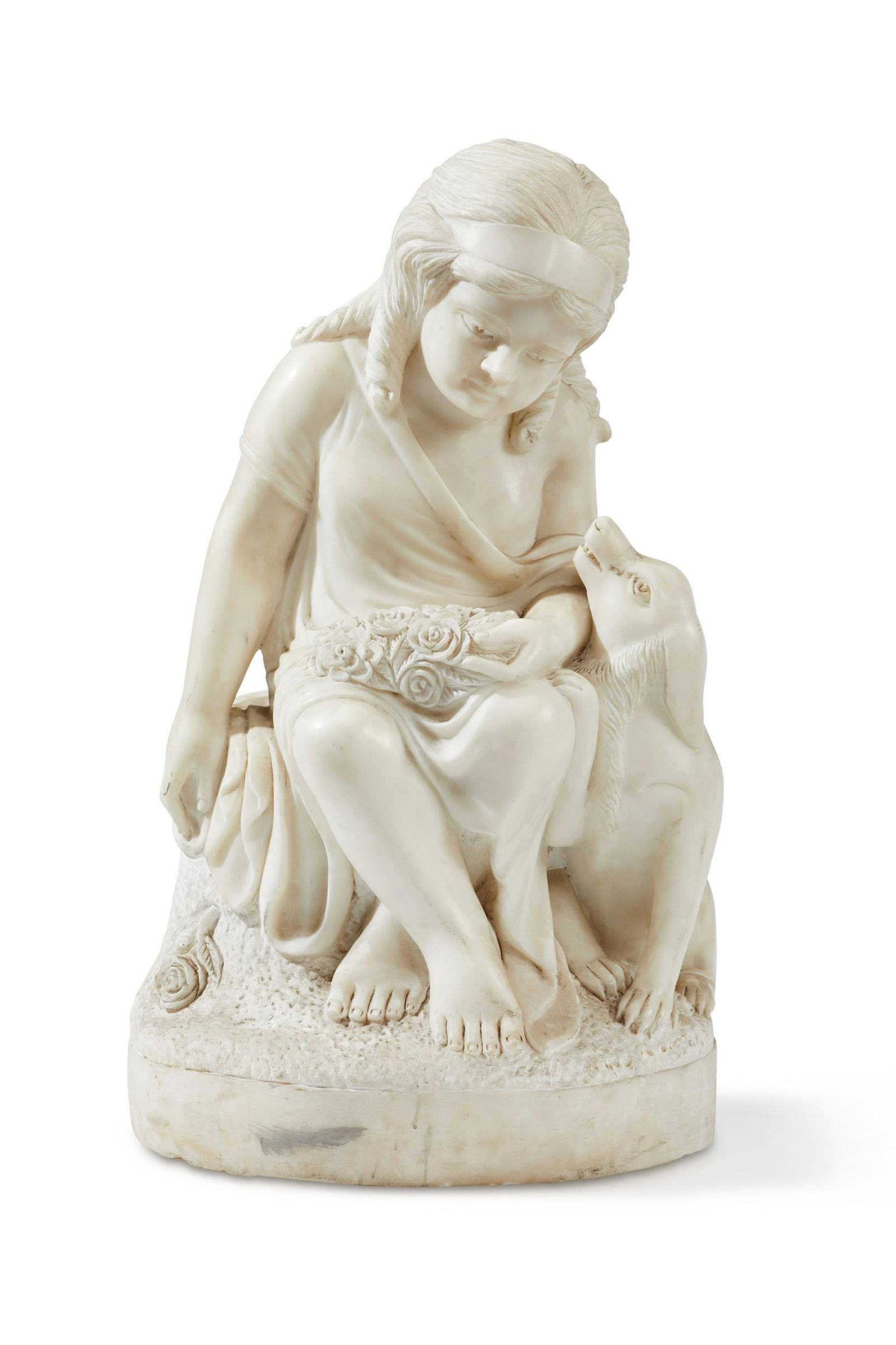 A carved marble statue depicting a young girl with dog: A carved marble statue depicting a young girl with dogLate 20th century31" H x 15" W x 15" D