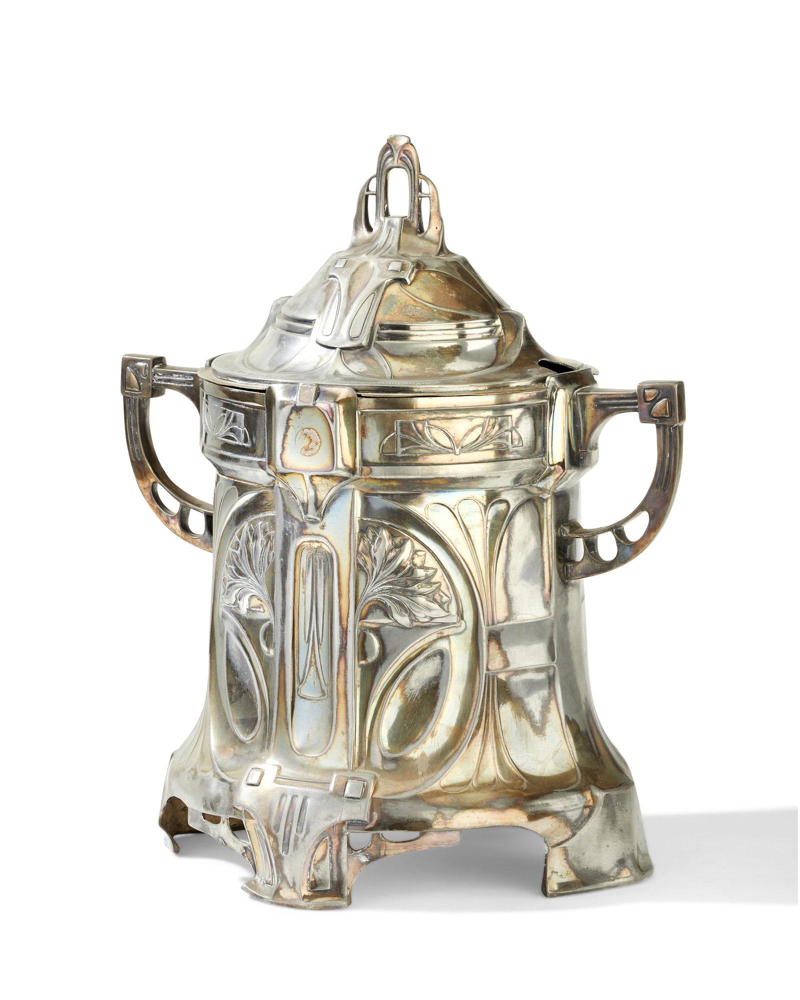 A German Jugendstil lidded tureen: A German Jugendstil lidded tureen Late 19th/early 20th century Lid with personalized inscription Silver-plated pewter body with repoussE Art Nouveau designs and later-added glass insert that is size-n