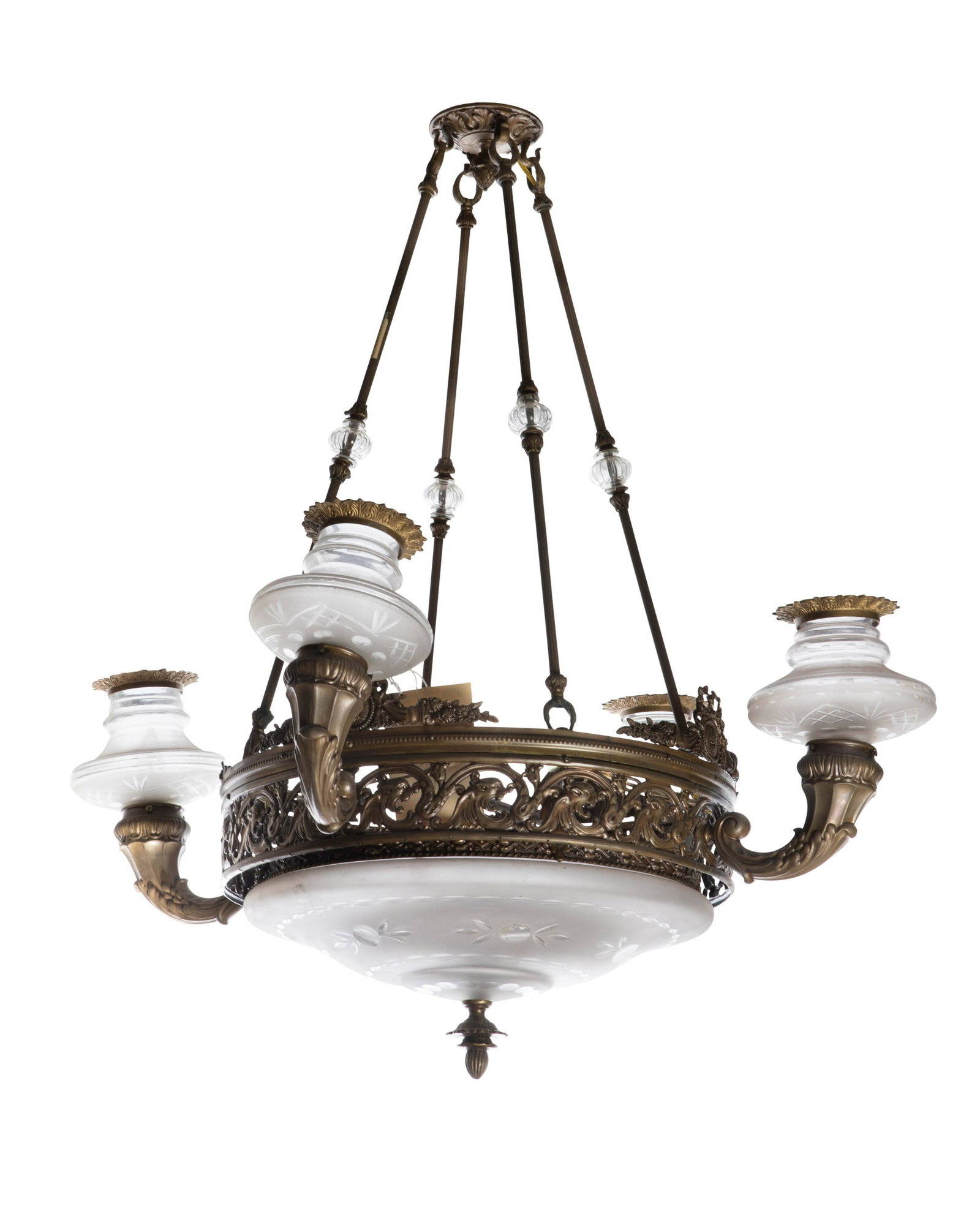 An American Edwardian bronze and glass chandelier: An American Edwardian bronze and glass chandelier Early 20th century The central glass dome mounted into a reticulated frieze supported by metal and glass rods from central canopy, with four surroundi