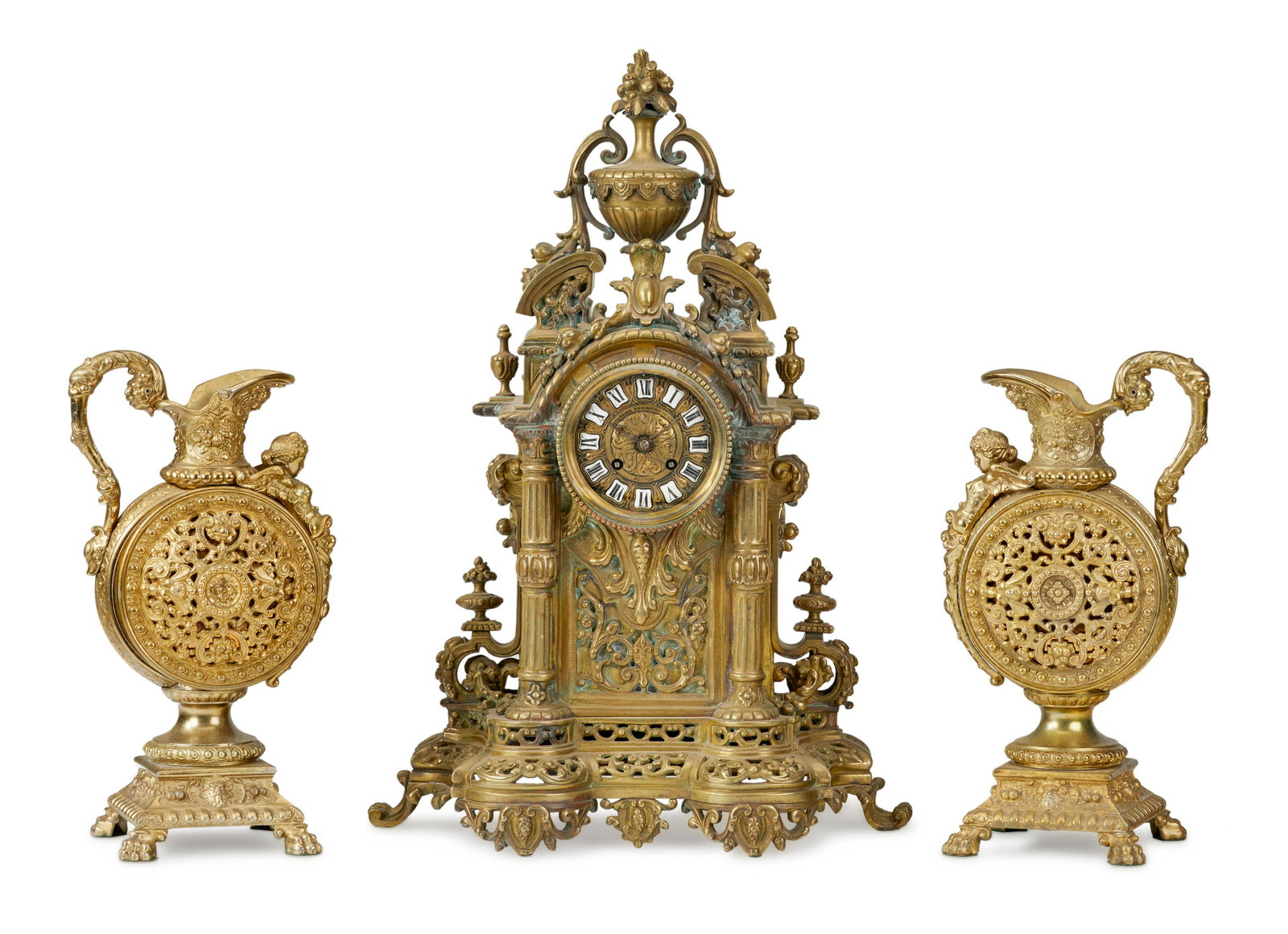 An American brass clock with garniture (1 of 3)