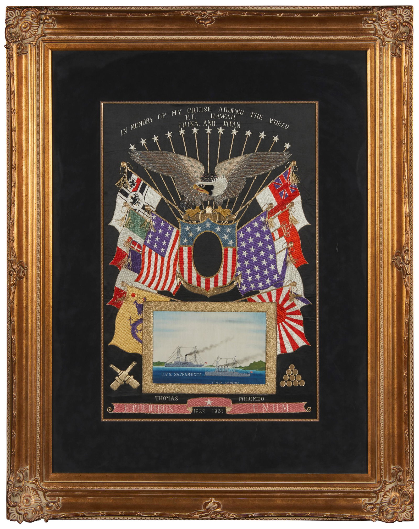 An antique silk embroidered sailor's souvenir: An antique silk embroidered sailor's souvenir Early 20th century "In memory of my cruise in the world, P.I. Hawaii, China, and Japan" Silk embroidery on silk backing under glass with ten fla