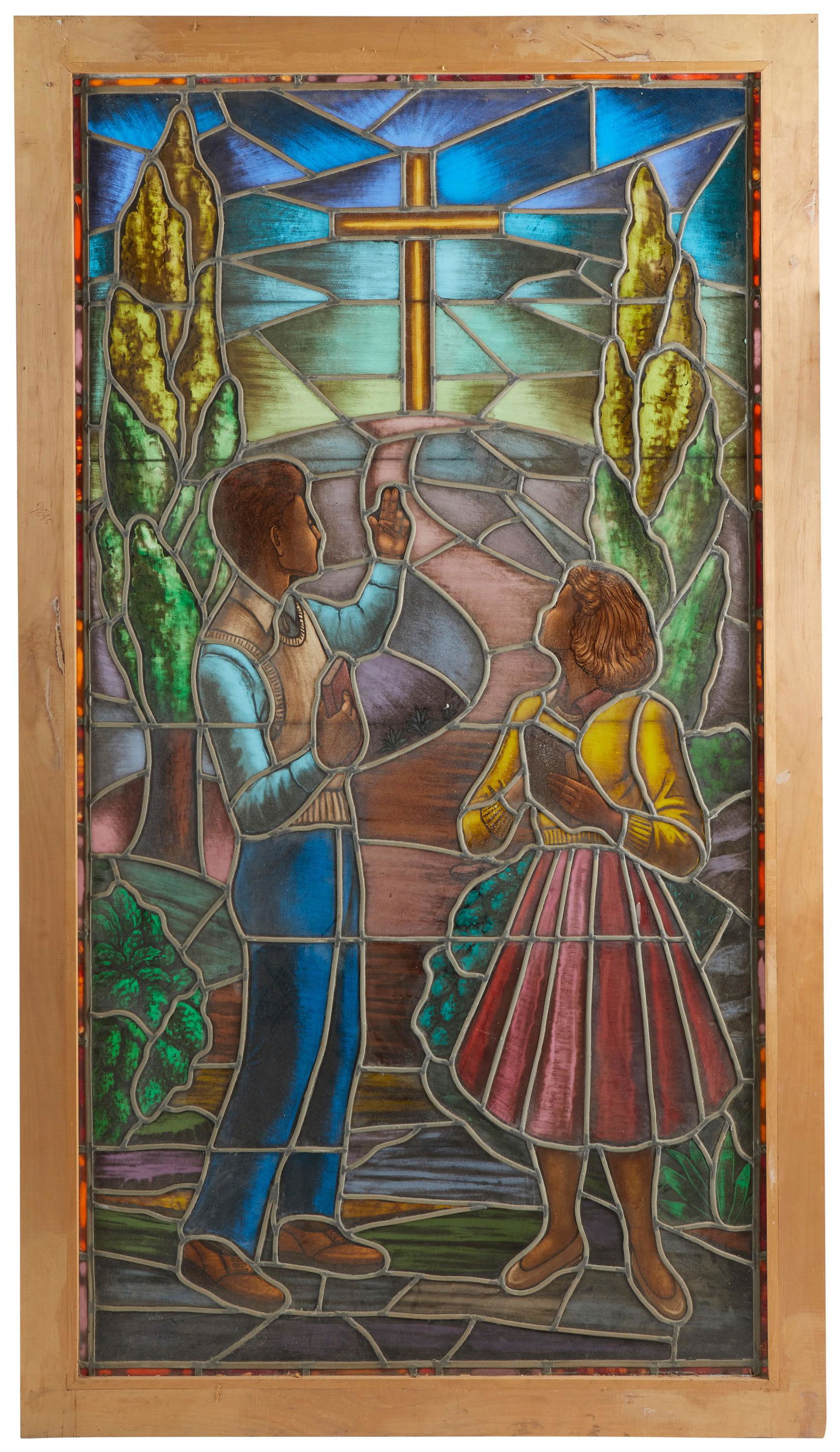 A Continental figural leaded glass window (1 of 3)