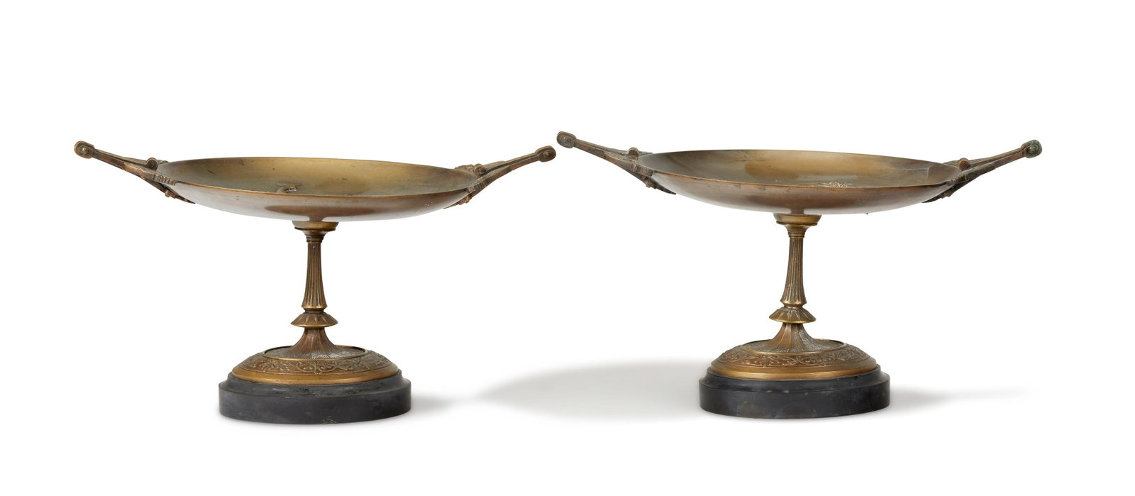 A pair of French bronze tazzas: A pair of French bronze tazzas Late 19th century Each signed: Salmson Each tazza with apposing marble nymphs on a bronze pedestal base on marble plinth 2 pieces Each: 6.5" H x 11.5" W x 7.75