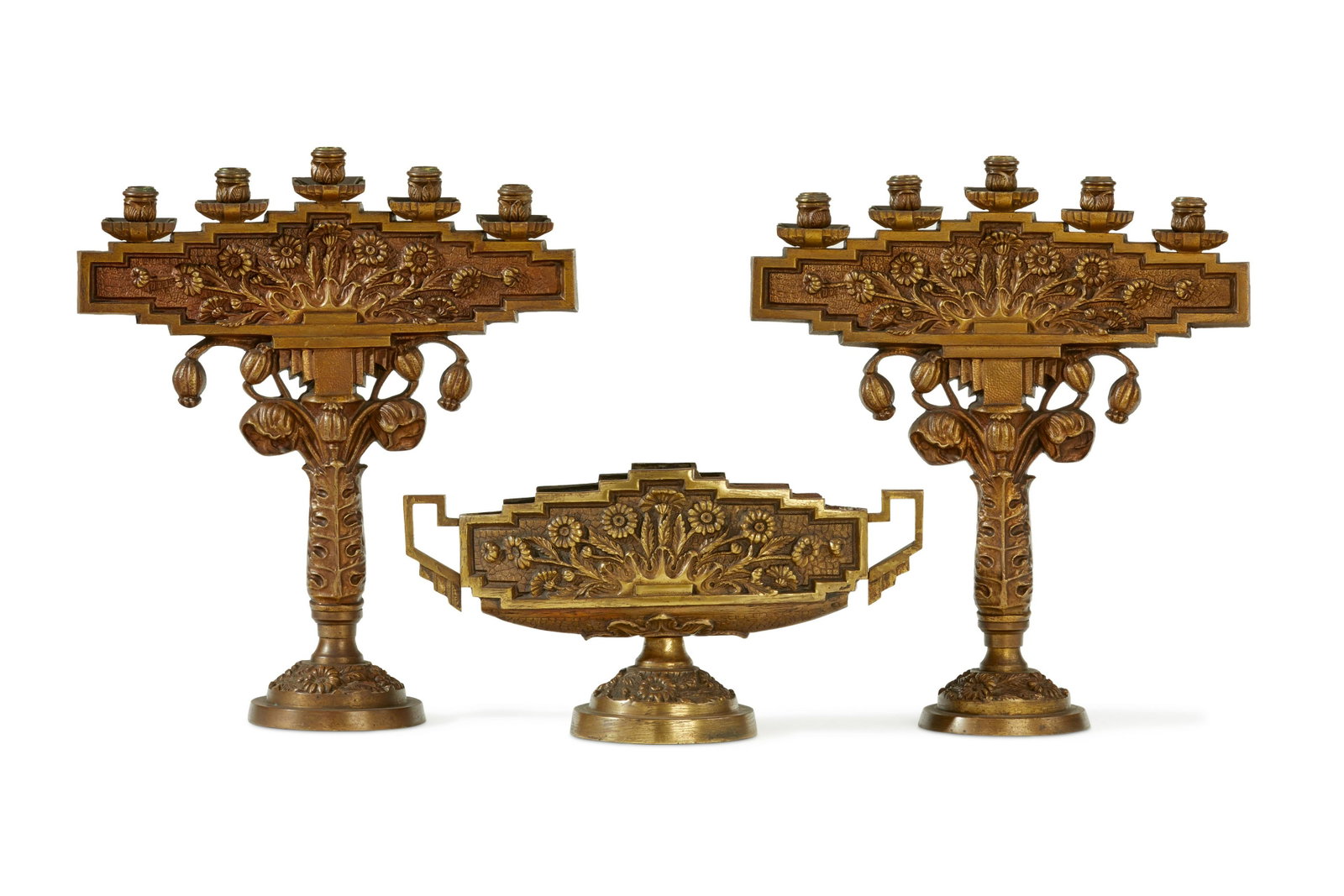 A pair of patinated bronze candelabra and center bowl: A pair of patinated bronze candelabra and center bowl Early 20th century Each candelabra with five lights with floral motif, together with a matching footed center bowl 3 pieces Candelabra: 20" H