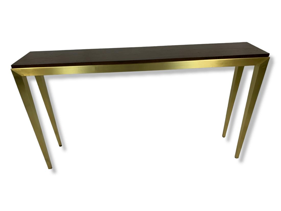 Brass Frame Wood Top Console Table: Brass Frame Wood Top Console Table - Dimensions:L 60" x D 11" x H 34" Storage ID: BH tag 12 Removal Dates: Wed, Aug 17 thru Fri, Aug 19 from 9am to 5pm by Appointment Only Removal Location: 8929 Oso A