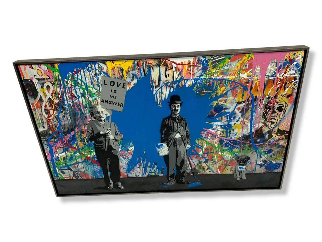 Love Is The Answer Mixed Media attributed to Mr. Brainwash: Love Is The Answer Mixed Media attributed to Mr. Brainwash - Signed front & back; Framed Dimensions:L 61" x D 3" x H 38" Storage ID: BH tag 42 Removal Dates: Wed, Aug 17 thru Fri, Aug 19 from 9am to 5